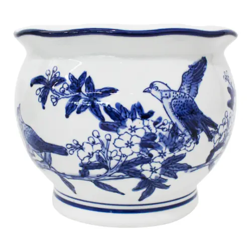 Maceta de porcelana redonda blanca con estampado de aves de 24x19cm