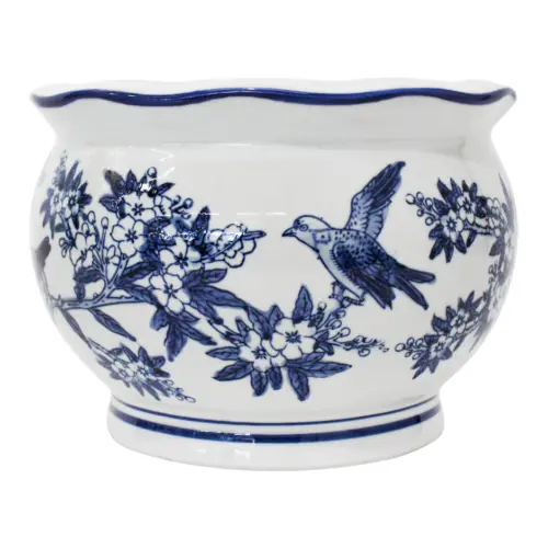 Maceta de porcelana redonda blanca con estampado de aves de 30x21cm