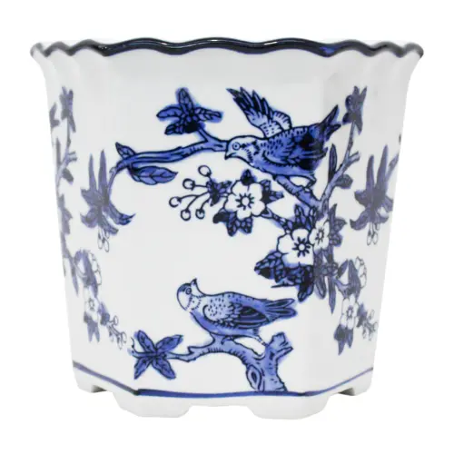 Maceta de porcelana hexagonal blanca con estampado de aves de 17x19cm