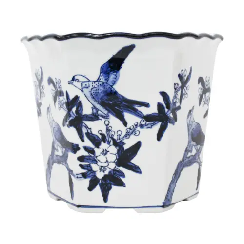 Maceta de porcelana hexagonal blanca con estampado de aves de 20x24cm