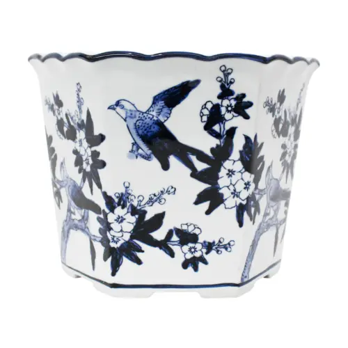 Maceta de porcelana hexagonal blanca con estampado de aves de 22x30cm