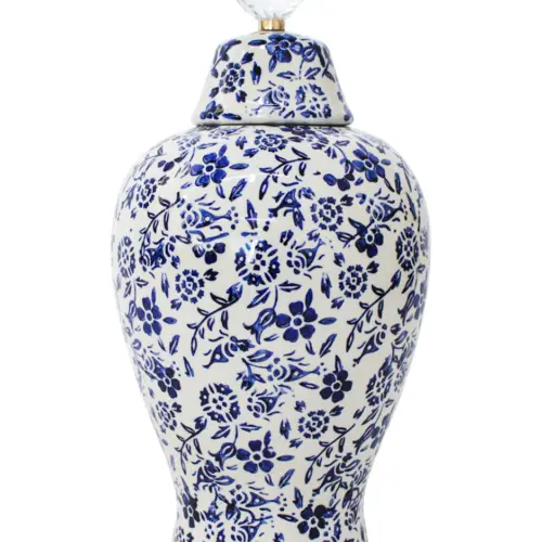 Tibor de cerámica estampado flores blanco con azul de 18x18x34cm