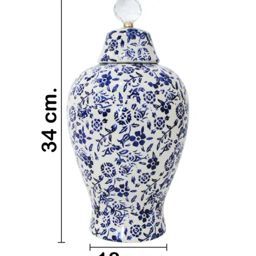 Tibor de cerámica estampado flores blanco con azul de 18x18x34cm
