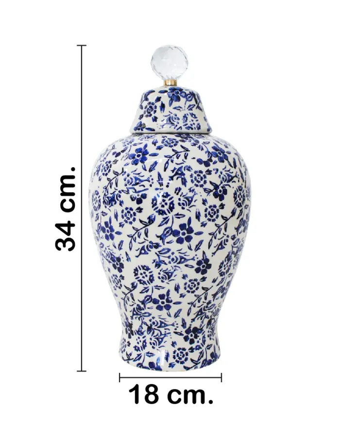 Tibor de cerámica estampado flores blanco con azul de 18x18x34cm - Image 2