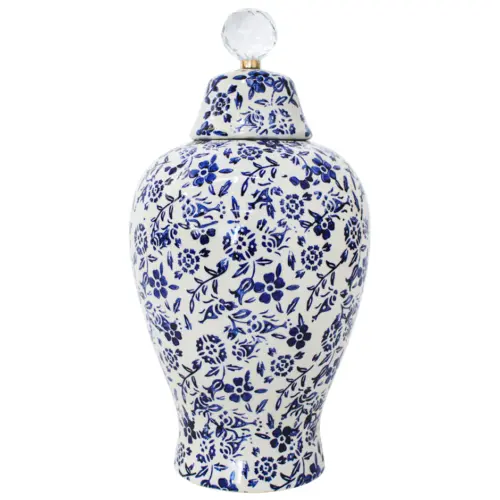 Tibor de cerámica estampado flores blanco con azul de 15x15x28.5cm