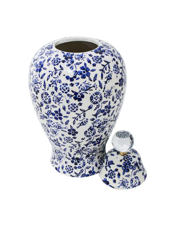 Tibor de cerámica estampado flores blanco con azul de 15x15x28.5cm - Image 4