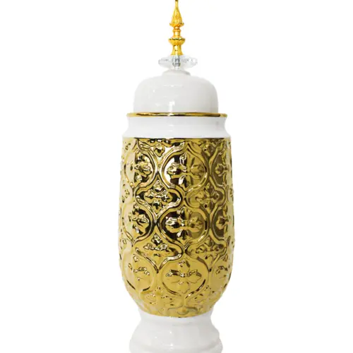 Tibor de cerámica dorado con tapa blanca de 15x15x47cm
