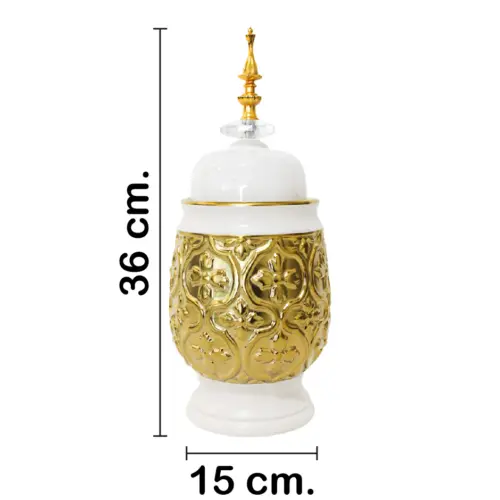 Tibor de cerámica dorado con tapa blanca de 15x15x36cm