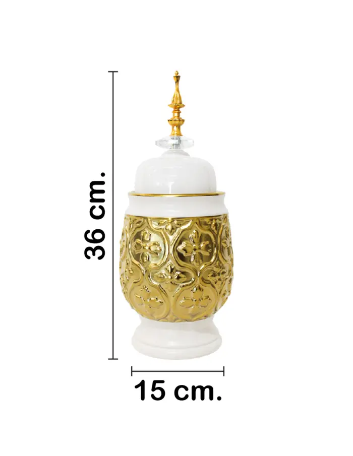 Tibor de cerámica dorado con tapa blanca de 15x15x36cm - Image 2