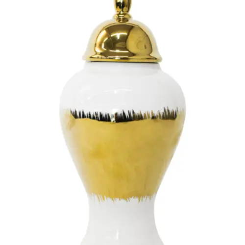 Tibor de cerámica dorado con blanco y tapa dorada de 17.5×17.5×43.5cm