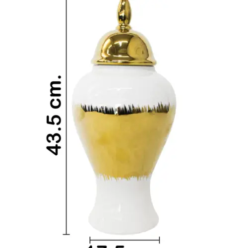 Tibor de cerámica dorado con blanco y tapa dorada de 17.5×17.5×43.5cm