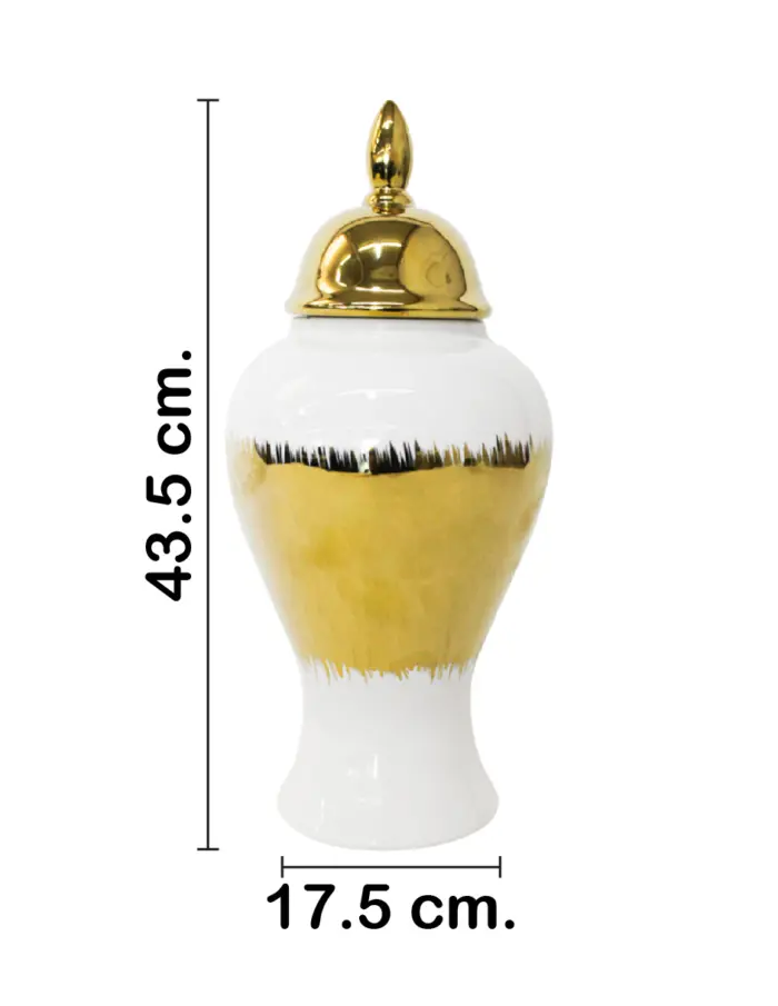 Tibor de cerámica dorado con blanco y tapa dorada de 17.5x17.5x43.5cm - Image 2