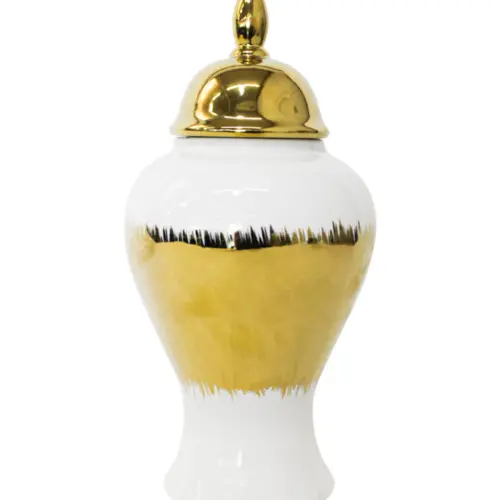 Tibor de cerámica dorado con blanco y tapa dorada de 17.5×17.5x38cm