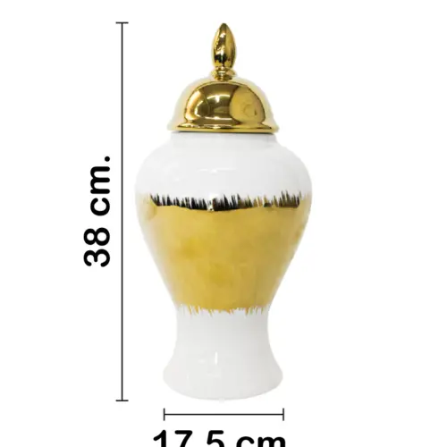 Tibor de cerámica dorado con blanco y tapa dorada de 17.5×17.5x38cm