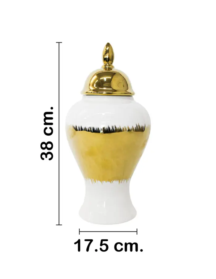 Tibor de cerámica dorado con blanco y tapa dorada de 17.5x17.5x38cm - Image 2