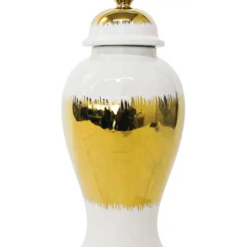Tibor de cerámica dorado con blanco y tapa dorada de 17.5×17.5x42cm