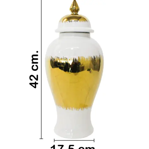 Tibor de cerámica dorado con blanco y tapa dorada de 17.5×17.5x42cm