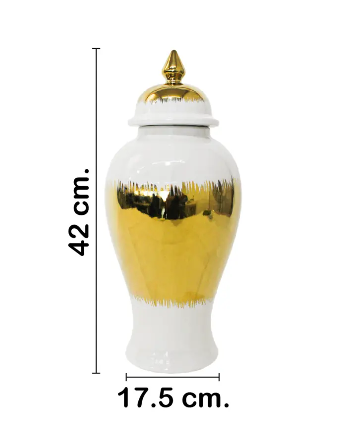 Tibor de cerámica dorado con blanco y tapa dorada de 17.5x17.5x42cm - Image 2