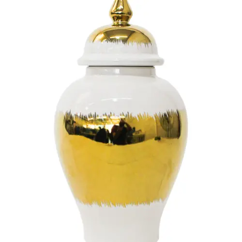 Tibor de cerámica dorado con blanco y tapa dorada de 17.5×17.5×34.5cm