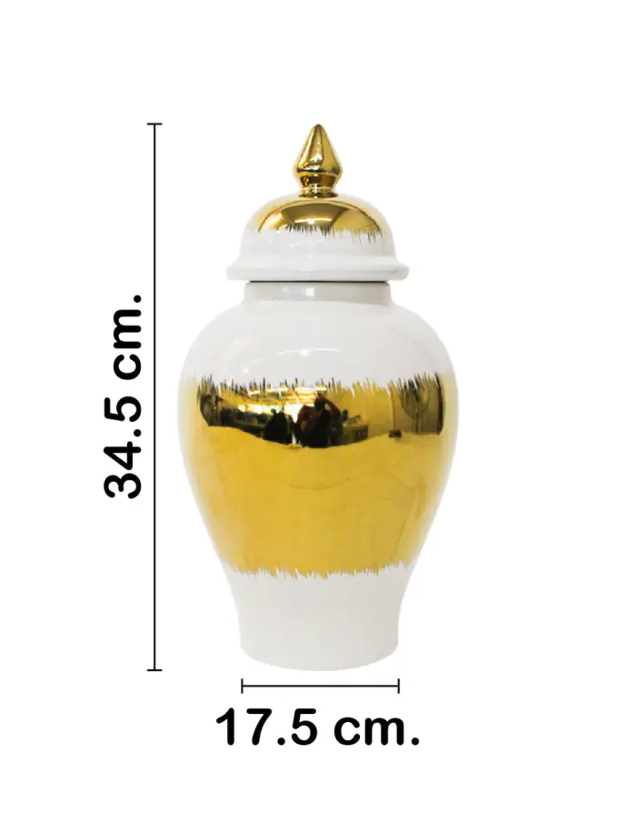 Tibor de cerámica dorado con blanco y tapa dorada de 17.5x17.5x34.5cm - Image 2