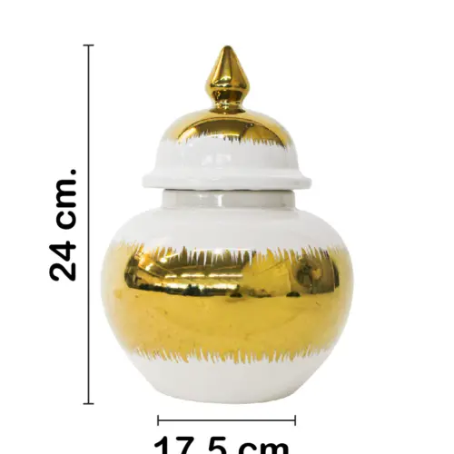 Tibor de cerámica dorado con blanco y tapa dorada de 17.5×17.5x24cm