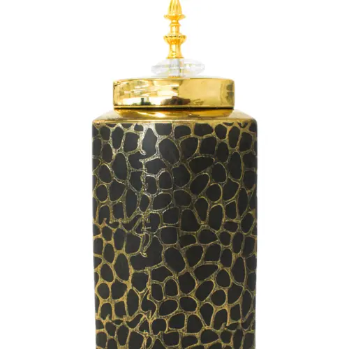 Tibor de cerámica dorado diseño panal con tapa dorada de 14.5×14.5x32cm