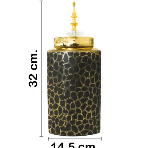 Tibor de cerámica dorado diseño panal con tapa dorada de 14.5×14.5x32cm