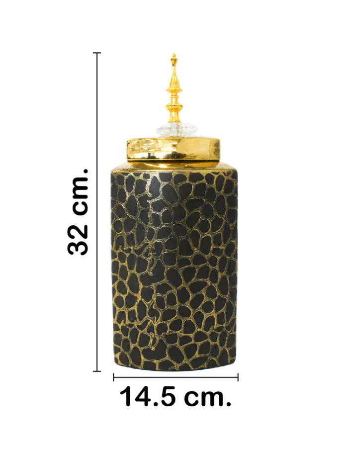 Tibor de cerámica dorado diseño panal con tapa dorada de 14.5x14.5x32cm - Image 2