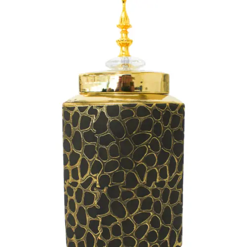 Tibor de cerámica dorado diseño panal con tapa dorada de 14.5×14.5x28cm
