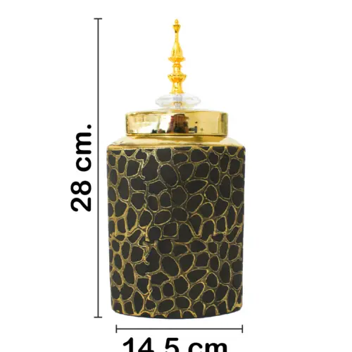 Tibor de cerámica dorado diseño panal con tapa dorada de 14.5×14.5x28cm