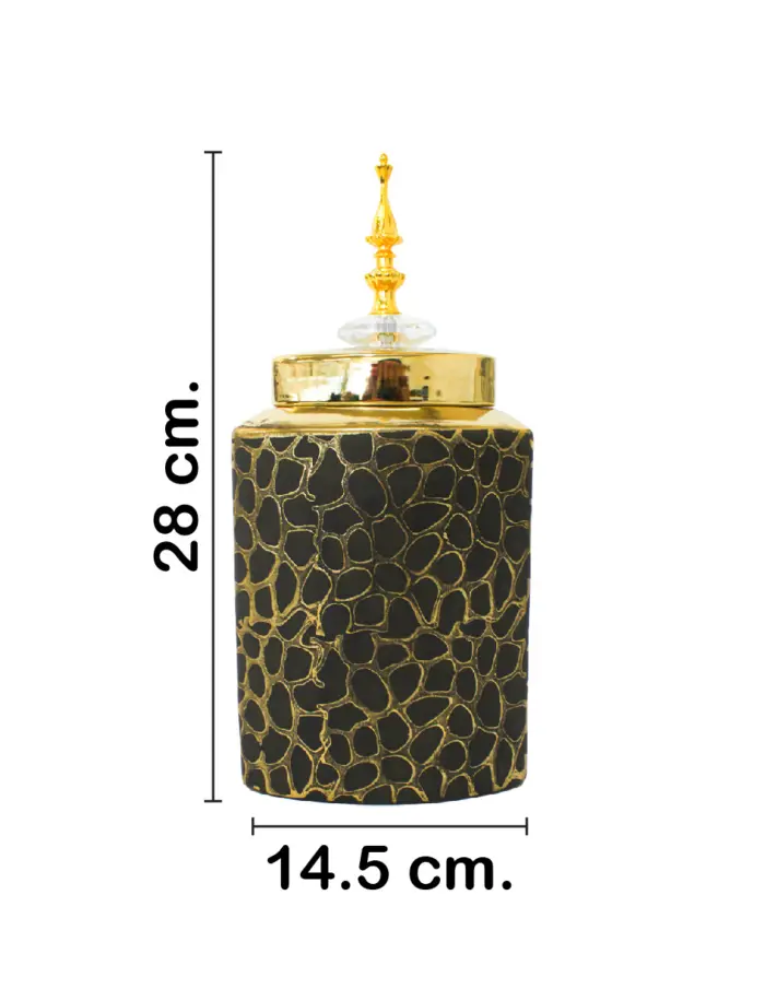 Tibor de cerámica dorado diseño panal con tapa dorada de 14.5x14.5x28cm - Image 2