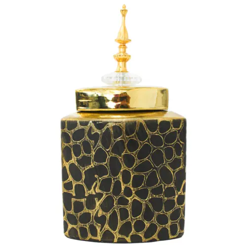 Tibor de cerámica dorado diseño panal con tapa dorada de 14.5×14.5×22.5cm
