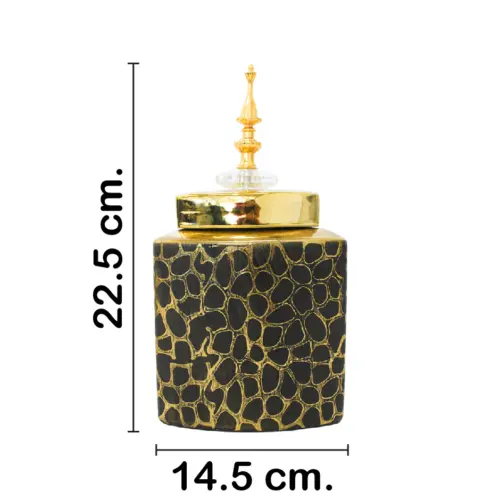 Tibor de cerámica dorado diseño panal con tapa dorada de 14.5×14.5×22.5cm