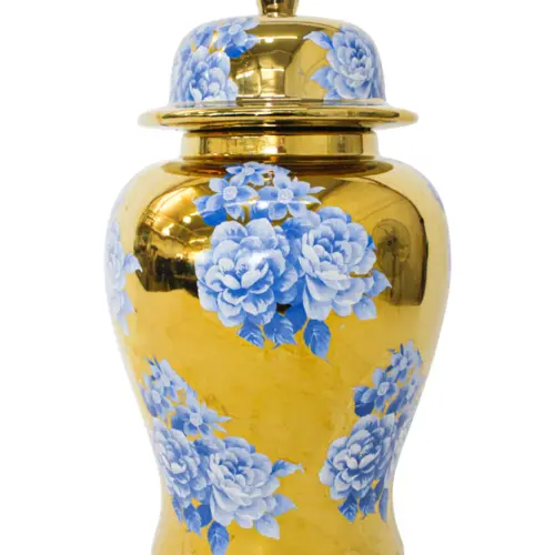 Tibor de cerámica dorado con flores azules y tapa dorada de 25.5×25.5x46cm