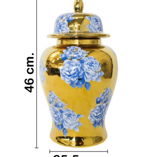 Tibor de cerámica dorado con flores azules y tapa dorada de 25.5×25.5x46cm