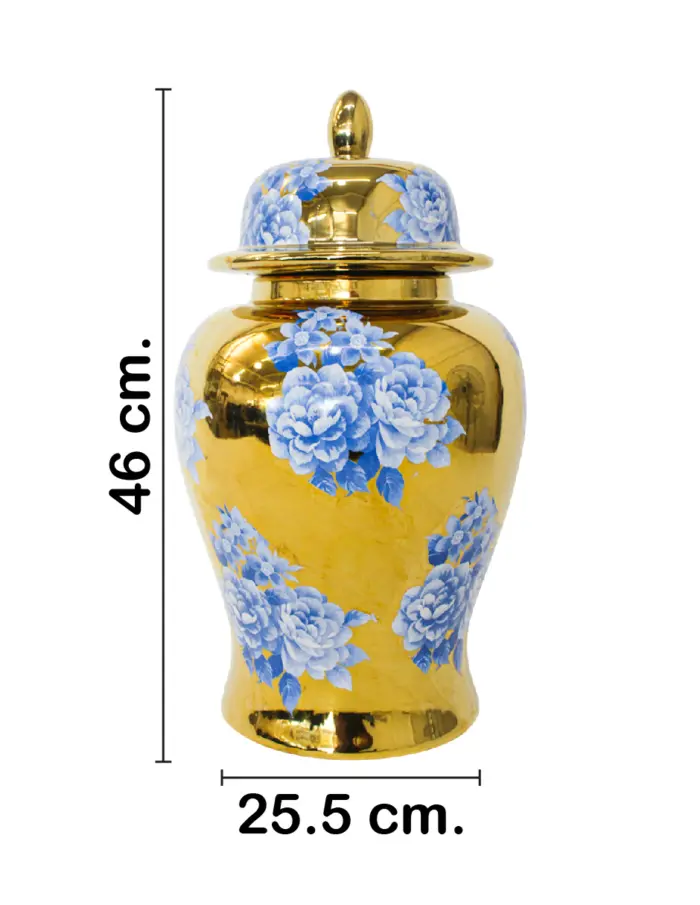 Tibor de cerámica dorado con flores azules y tapa dorada de 25.5x25.5x46cm - Image 2