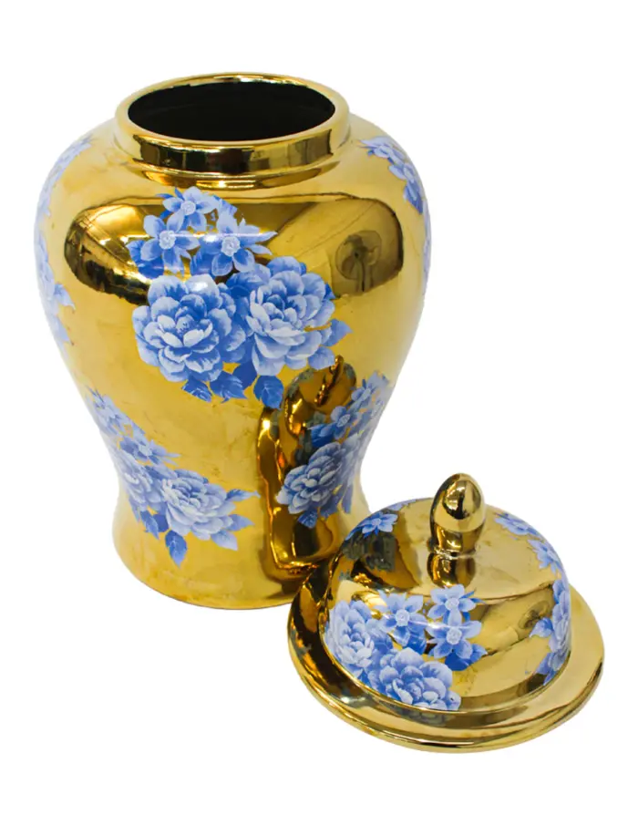 Tibor de cerámica dorado con flores azules y tapa dorada de 25.5x25.5x46cm - Image 4
