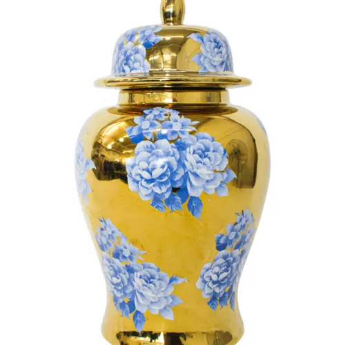 Tibor de cerámica dorado con flores azules y tapa dorada de 21x21x36cm