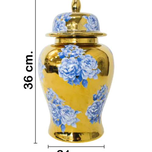 Tibor de cerámica dorado con flores azules y tapa dorada de 21x21x36cm
