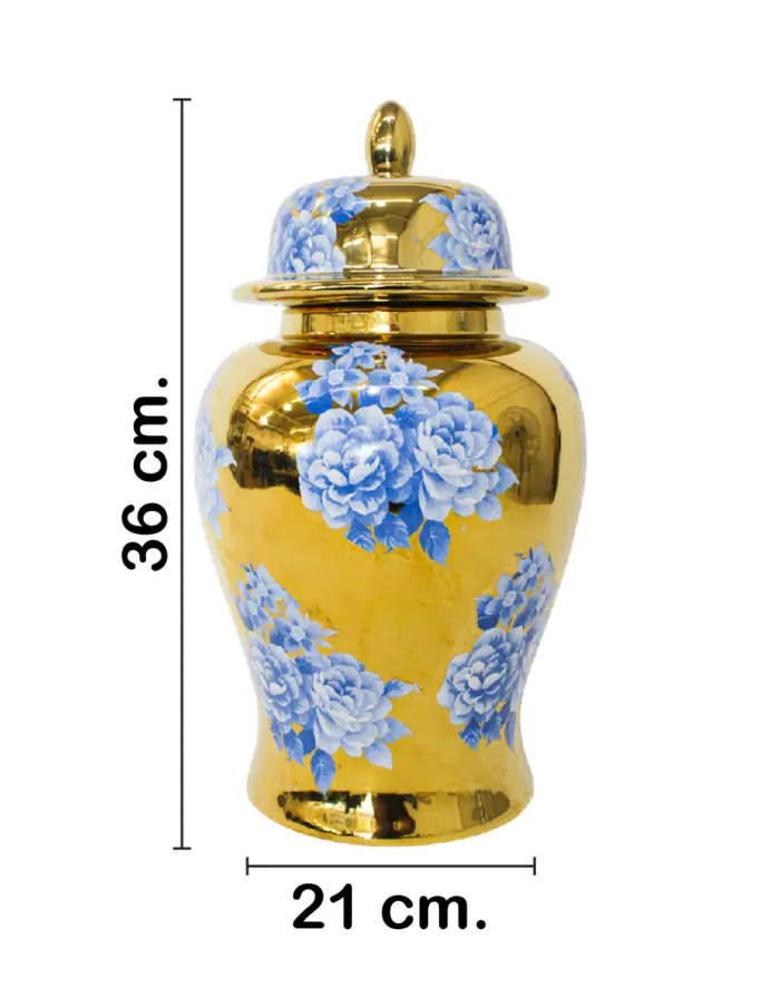 Tibor de cerámica dorado con flores azules y tapa dorada de 21x21x36cm - Image 2