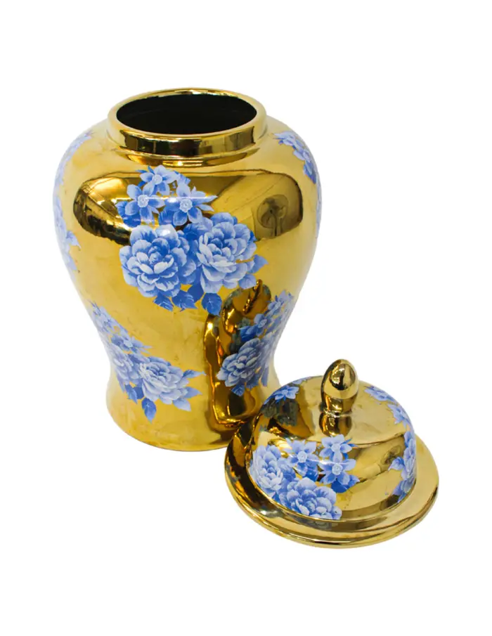 Tibor de cerámica dorado con flores azules y tapa dorada de 21x21x36cm - Image 4