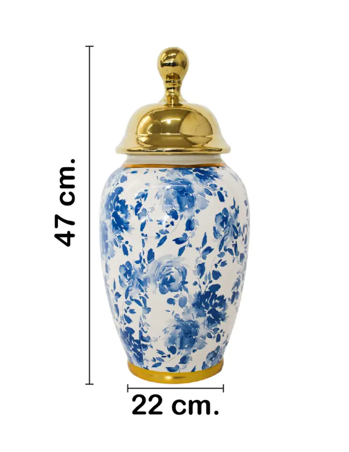 Tibor de cerámica blanco con flores azules y tapa dorada de 22x22x47cm - Image 2
