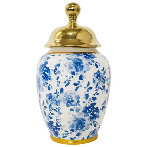 Tibor de cerámica blanco con flores azules y tapa dorada de 17x17x34cm