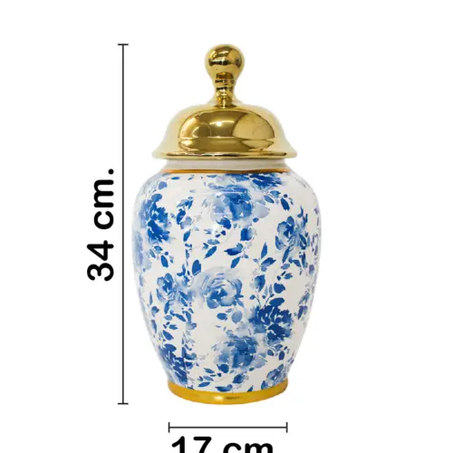 Tibor de cerámica blanco con flores azules y tapa dorada de 17x17x34cm
