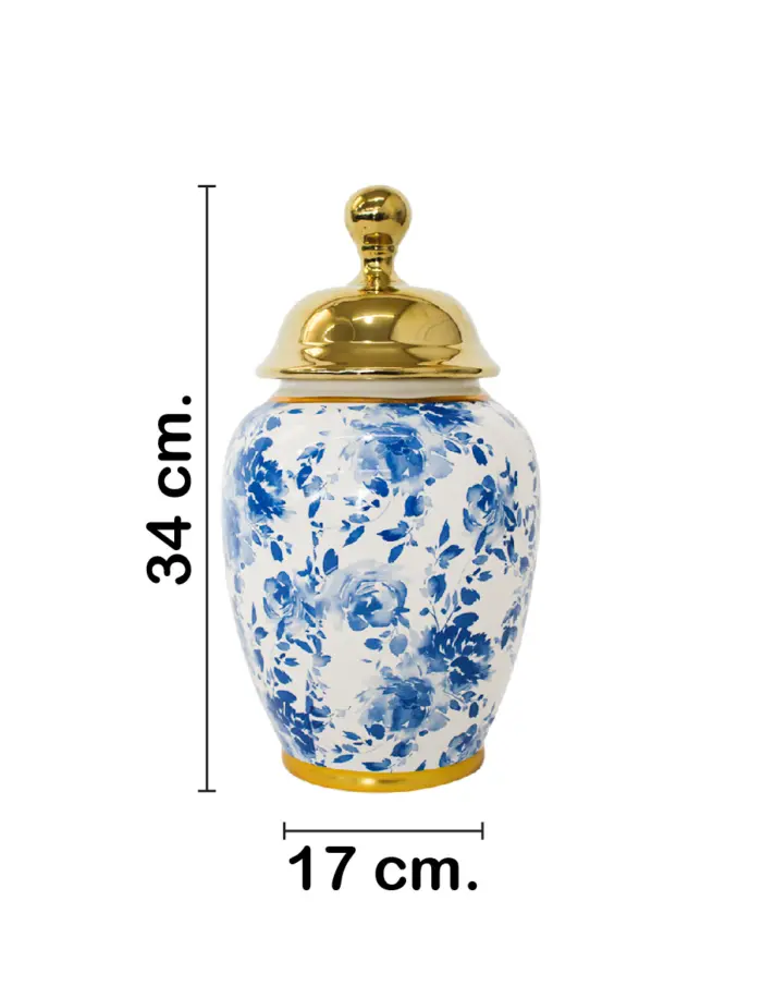 Tibor de cerámica blanco con flores azules y tapa dorada de 17x17x34cm - Image 2