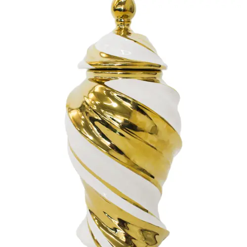 Tibor de cerámica blanco con espiral dorado de 18.5×18.5x35cm