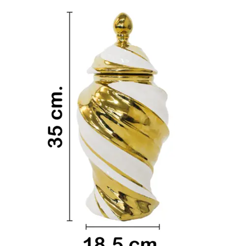 Tibor de cerámica blanco con espiral dorado de 18.5×18.5x35cm
