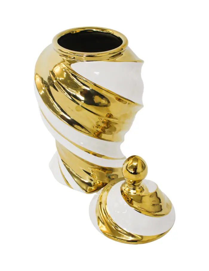 Tibor de cerámica blanco con espiral dorado de 18.5x18.5x35cm - Image 4