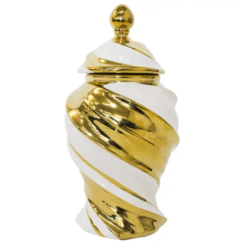 Tibor de cerámica blanco con espiral dorado de 17x17x30.5cm