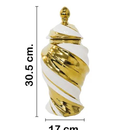 Tibor de cerámica blanco con espiral dorado de 17x17x30.5cm